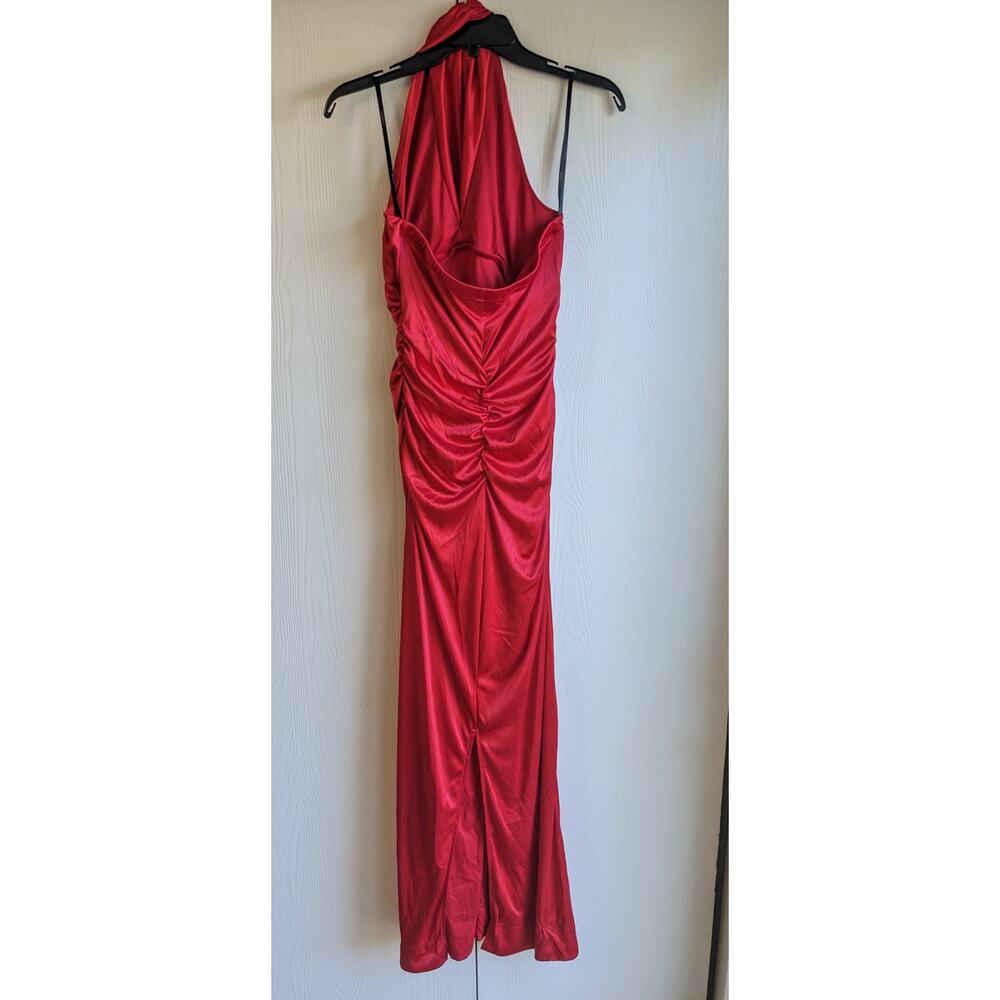 My Michelle Women's Red Twist Ring Halter Prom Polyester Maxi Dress Size M